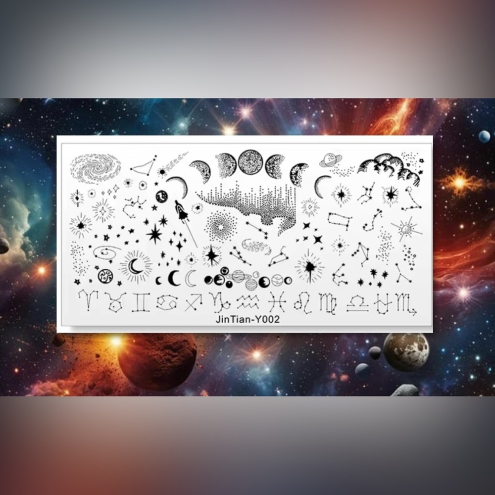 $5 SPACE NAIL STAMPING PLATE. STAINLESS STEEL WITH WHITE BASE. NEW. $5 IF BUNDLE